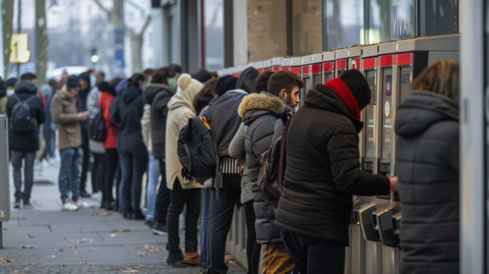 Bild von Menschen, die an überlasteten Geldautomaten Geld abheben